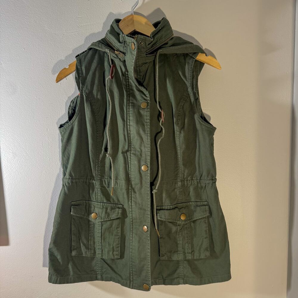 Market & Spruce Olive Green Hooded Utility Vest | Drawstring Anorak Gilet (Sz M)